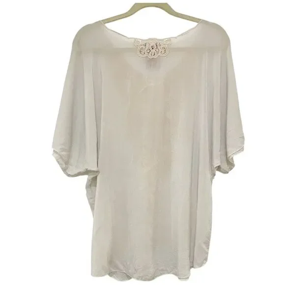 Johnny Was Off White Chalk Short Sleeve Dolman Sleeve Crochet Appliqué Front S - Picture 3 of 10